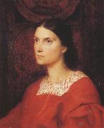 George Frederick watts,O.M.,R.A. Portrait of Lady Wolverton,nee Georgiana Tufnell,half length,earing a red dress (mk37) oil on canvas